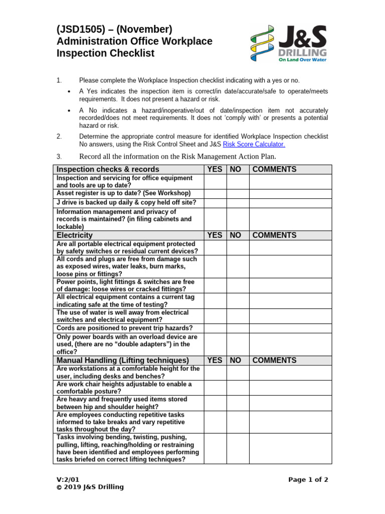 JSD1505 November - Administration Office Workplace Inspection Checklist ...