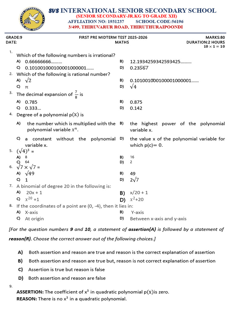 Grade 9 Maths Pre Midterm Test 2025-26 | PDF | Factorization | Polynomial