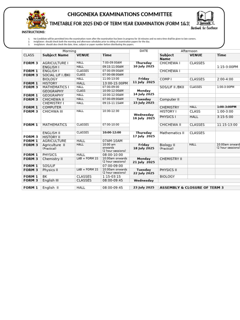 2025 Form 1 & 3 Exam Timetable | PDF