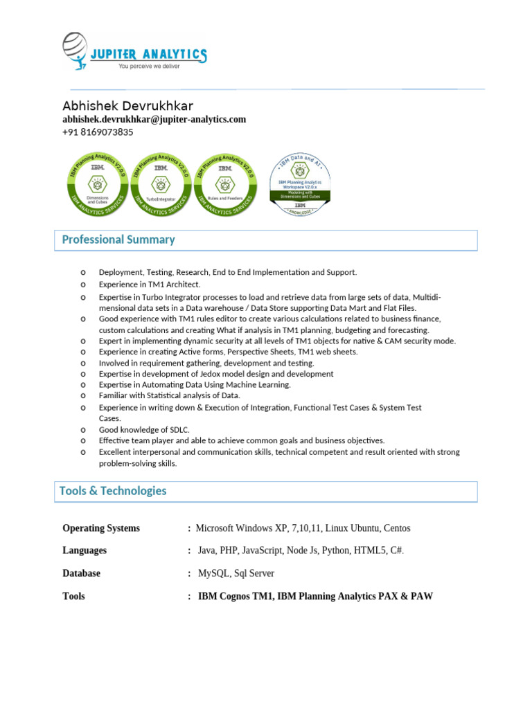 IBM Planning Analytics Consultant Profile | PDF | Analytics | Databases