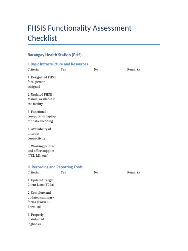 FHSIS Functionality Assessment Checklist | PDF