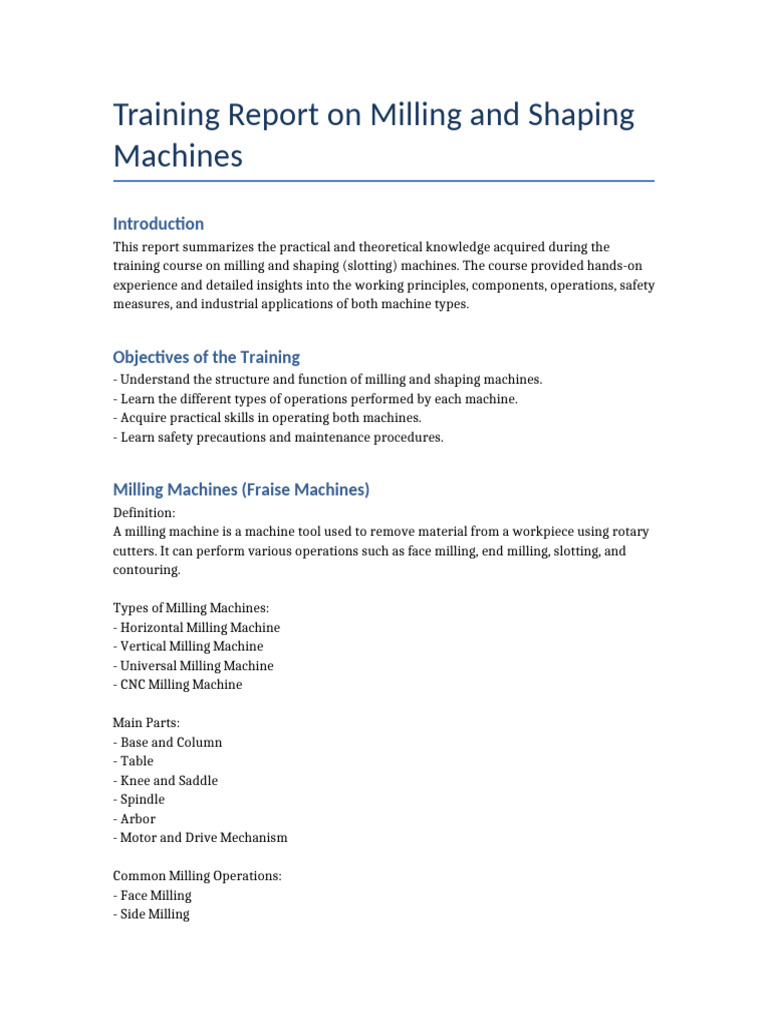 Milling and Shaping Machines Training Report | PDF | Machines ...