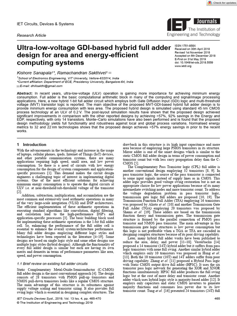 Ultra-Low-Voltage Hybrid Full Adder Design | PDF | Logic Gate | Cmos