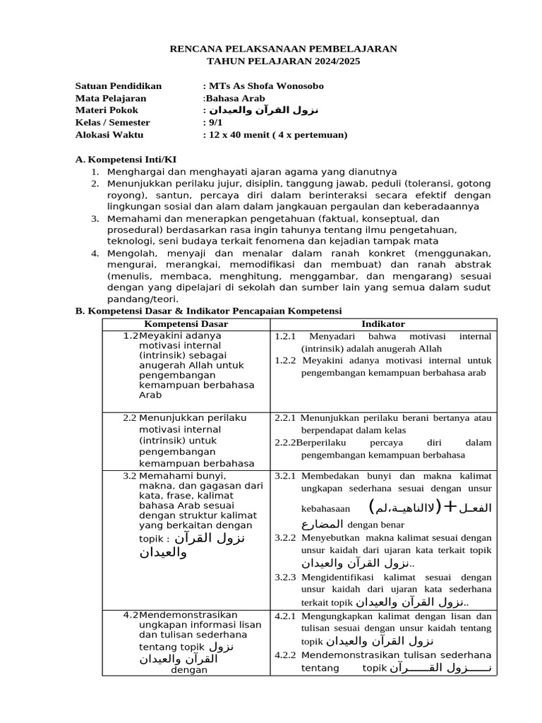 RPP Bahasa Arab Kelas 9 MTs As Shofa | PDF