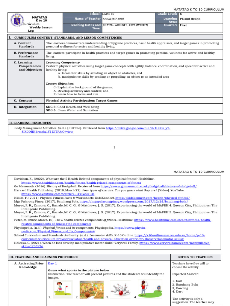 DLL Matatag - Pe & Health 4 q1 Week 7-8 | PDF | Physical Fitness