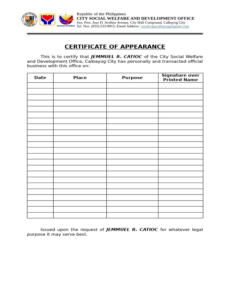 CSWDO Certificate of Appearance | PDF