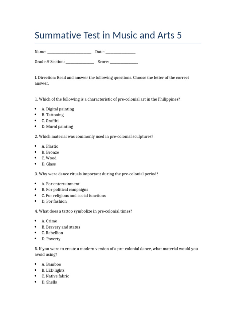 Music and Arts Summative Test 5 | PDF | The Arts