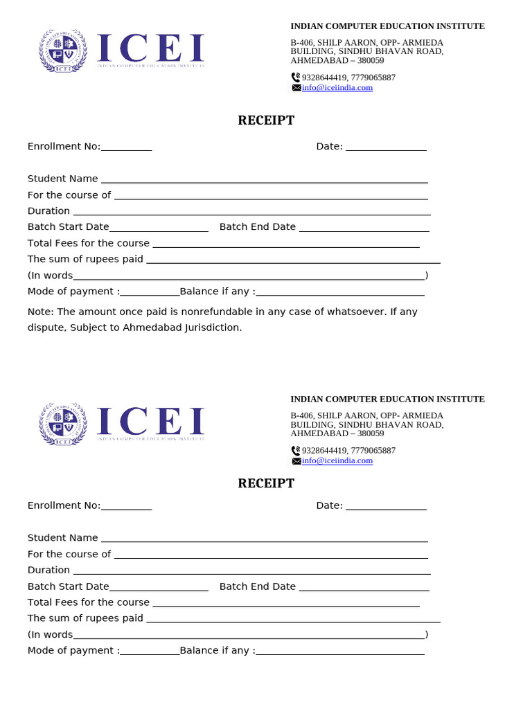 Computer Course Fees Receipt Format | PDF