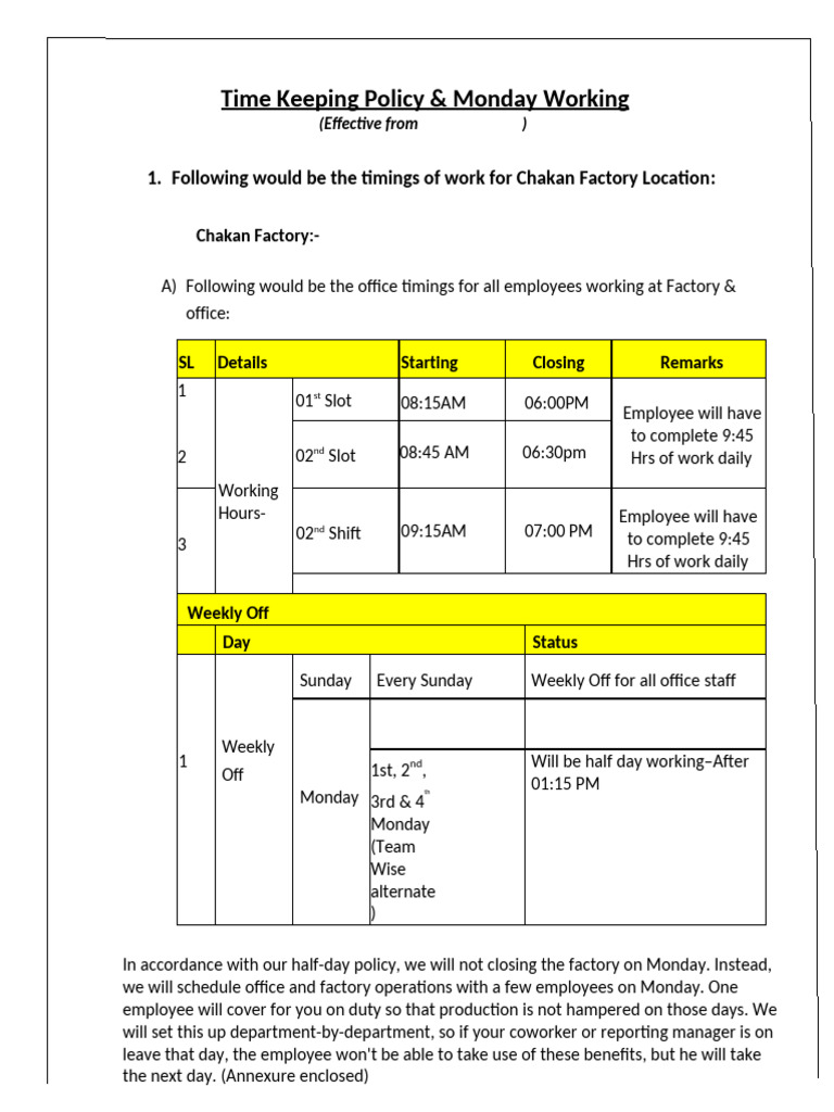 Time Keeping Policy for Chakan Factory | PDF