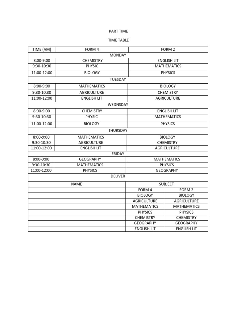 Part Time Time Table | PDF