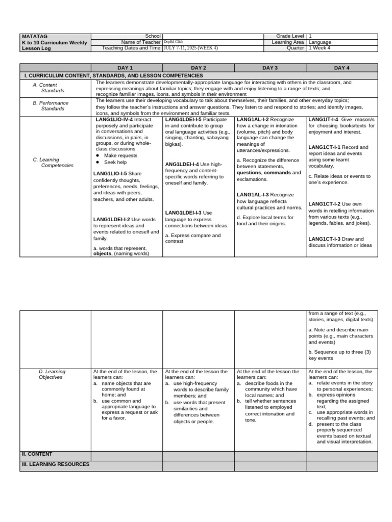 K-10 Language Lesson Log: Week 4 | PDF | Vocabulary | Curriculum