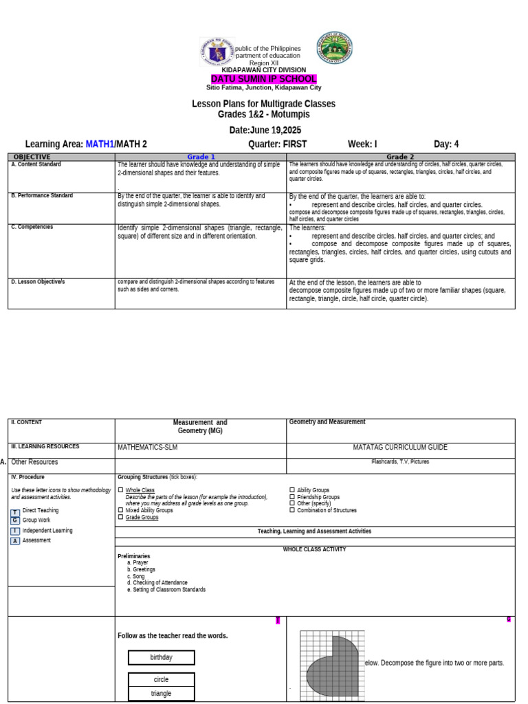 Multigrade Math Lesson Plans Grades 1-2 | PDF | Shape | Rectangle