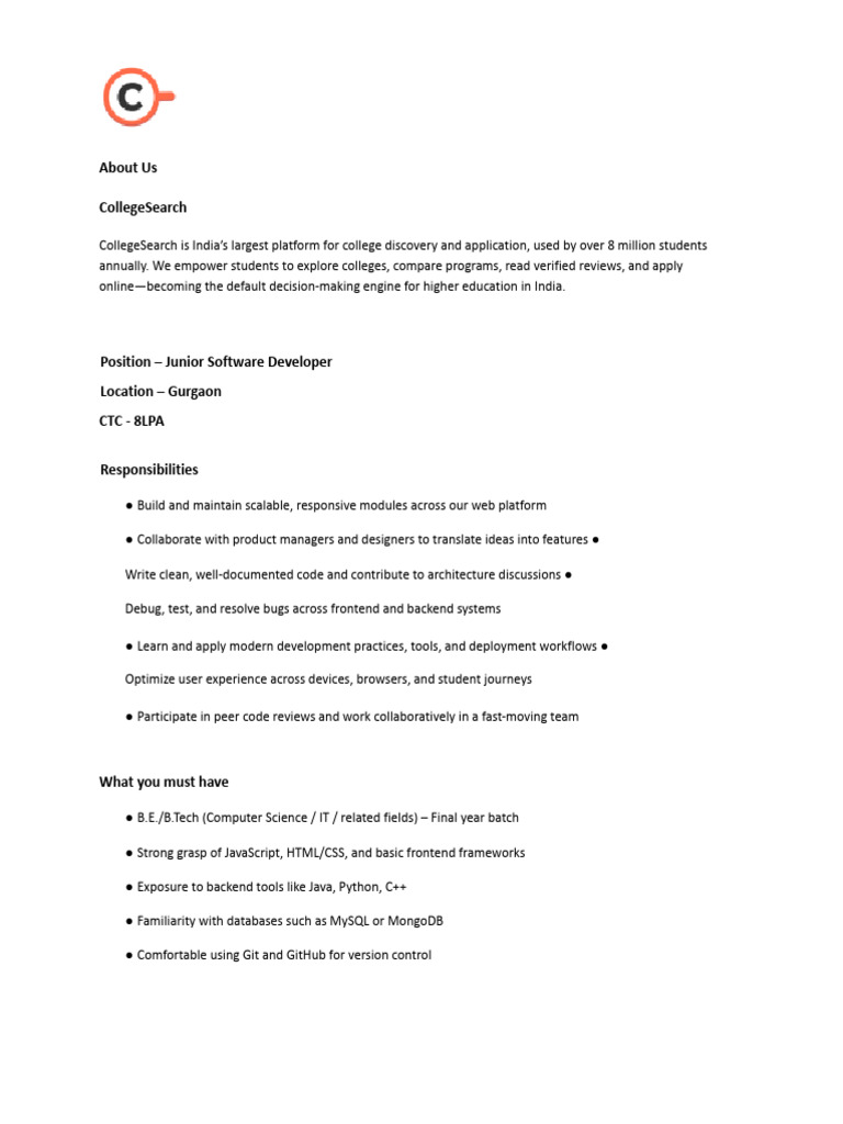 Junior Software Developer Position | PDF