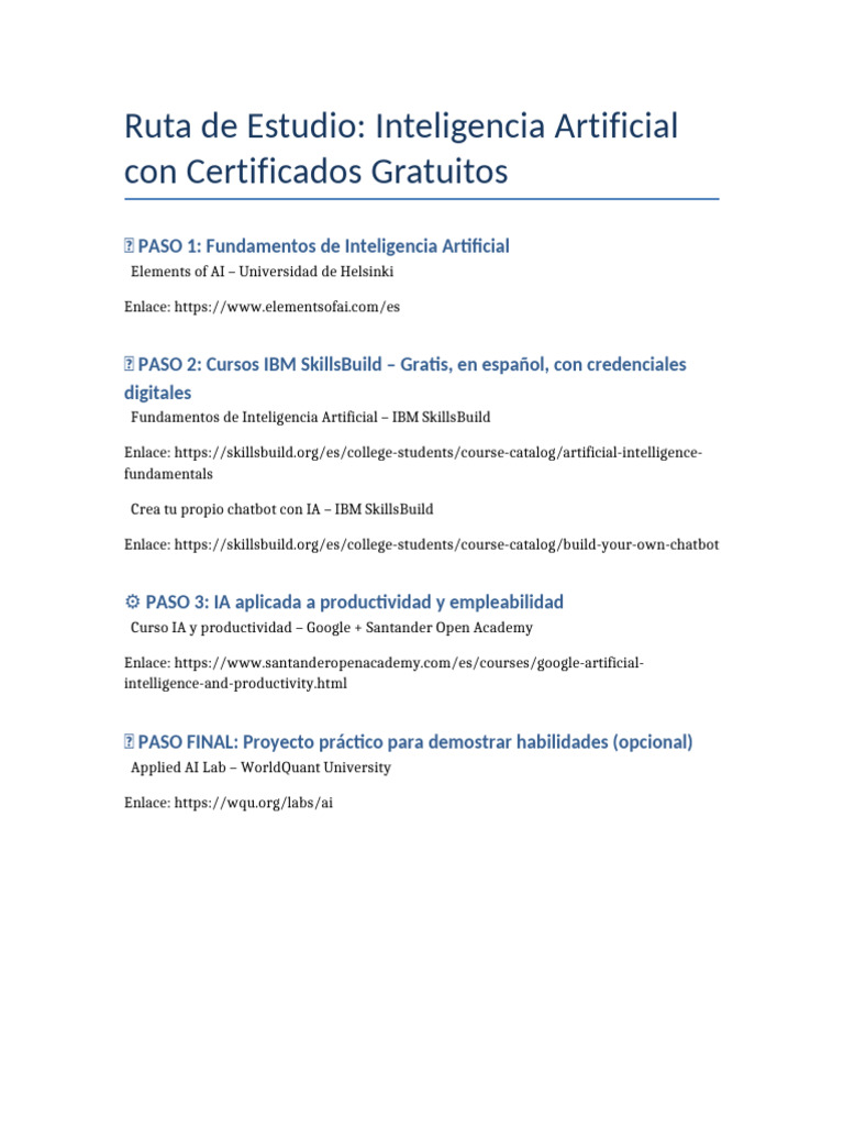 Ruta de Estudio en IA con Certificados Gratis | PDF