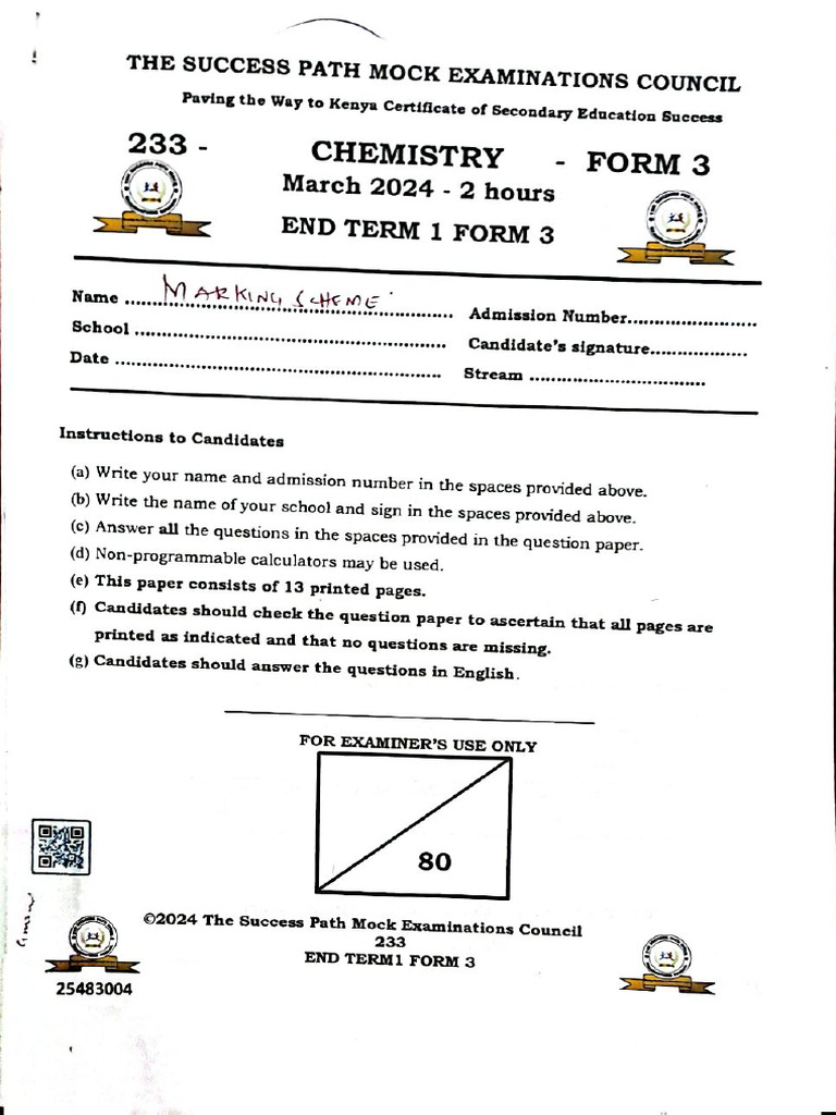 CHEM F3 T1 2024 | PDF