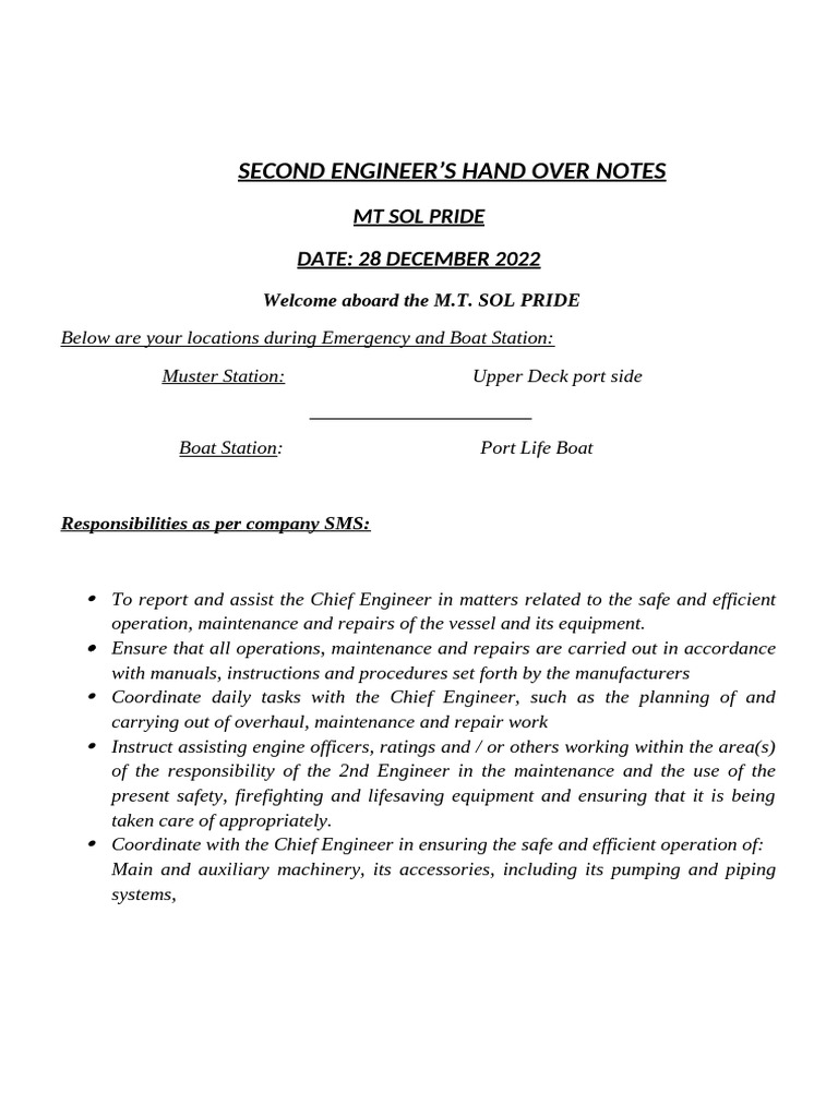 2nd Engineer's Handover Summary | PDF | Pump | Boiler