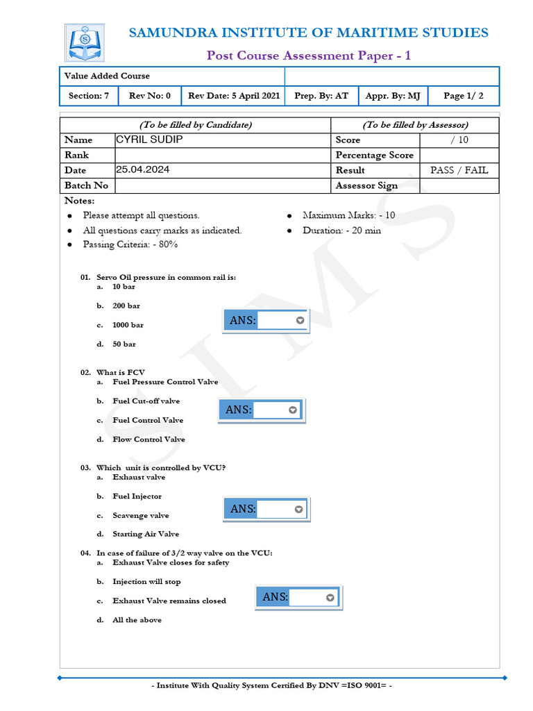 RT-FLEX Post Course Assessment Paper | PDF | Valve | Vehicle Technology