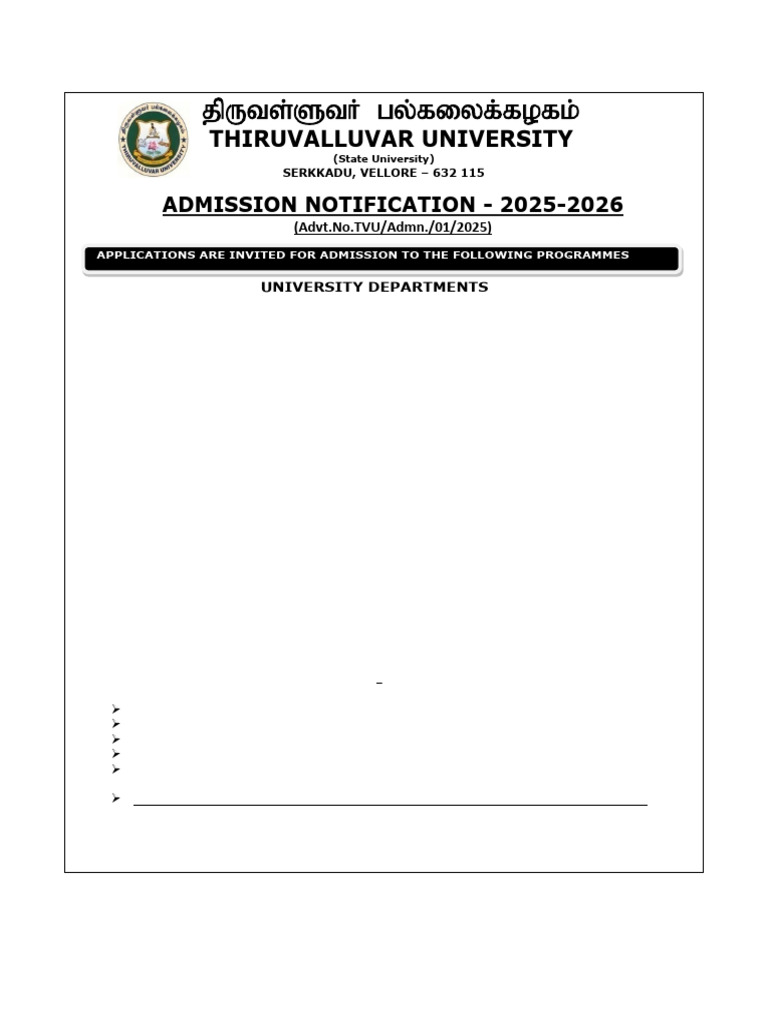 Thiruvalluvar University Admissions 2025 | PDF