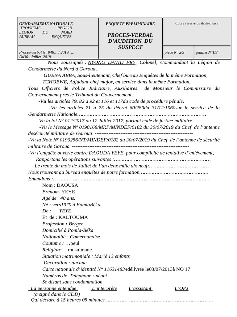 Procès-verbal d'audition du suspect | PDF | Enquête préliminaire en ...
