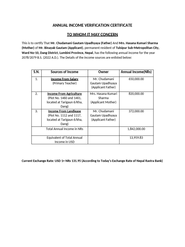 Annual Income Verification Certificate | PDF