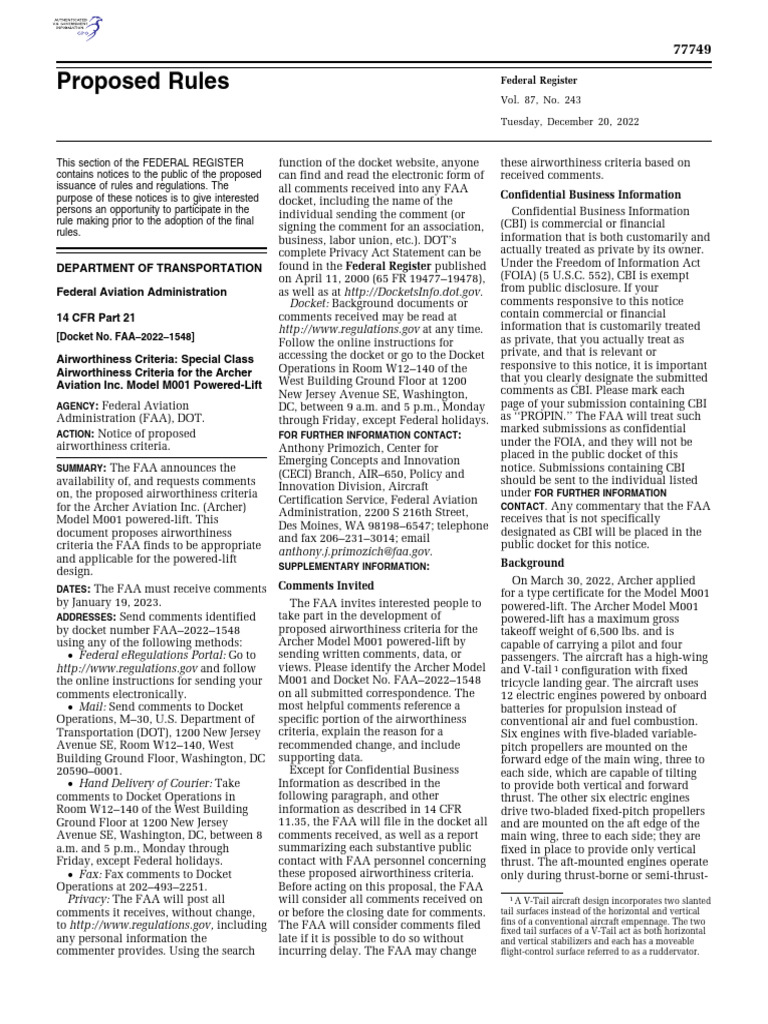 Archer Aviation M001 Powered Lift Special Class Docket | PDF | Aircraft ...
