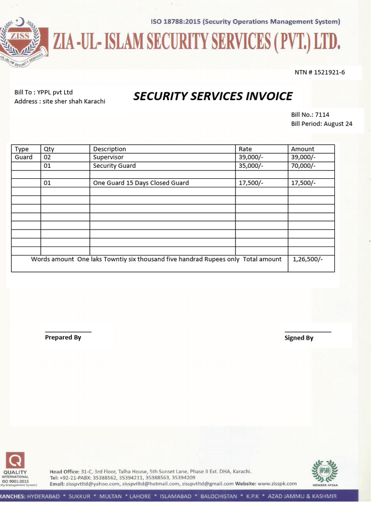 Security Services Invoice August 2023 | PDF