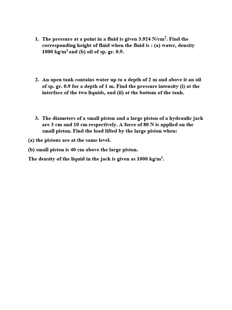 Fluid Pressure and Manometer Calculations | PDF | Pressure Measurement ...