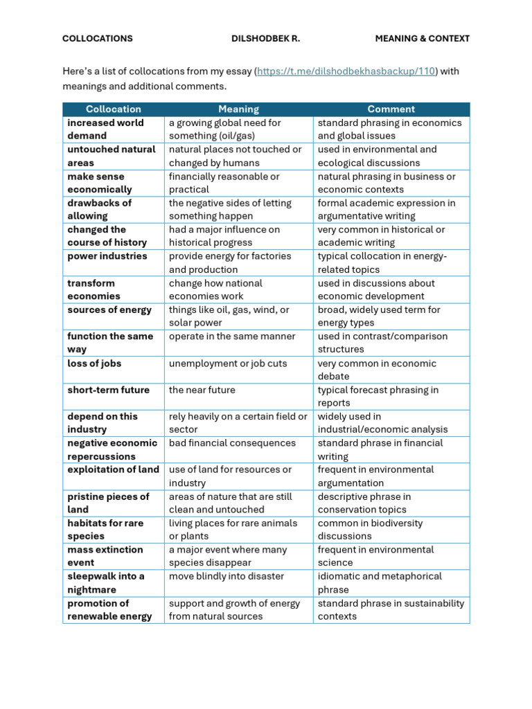 Collocations: Meanings and Contexts | PDF | Sustainability ...