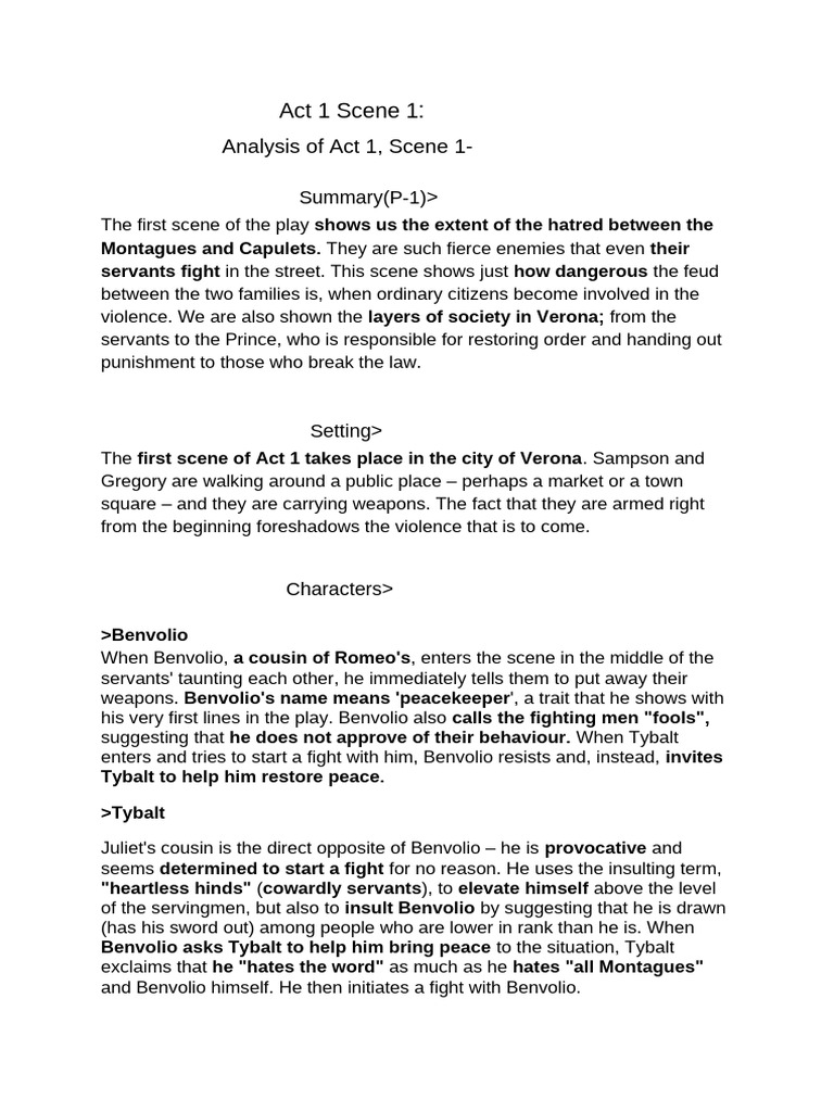Act 1 Scene 1 Summary of Romeo and Juliet | PDF | Characters In Romeo ...