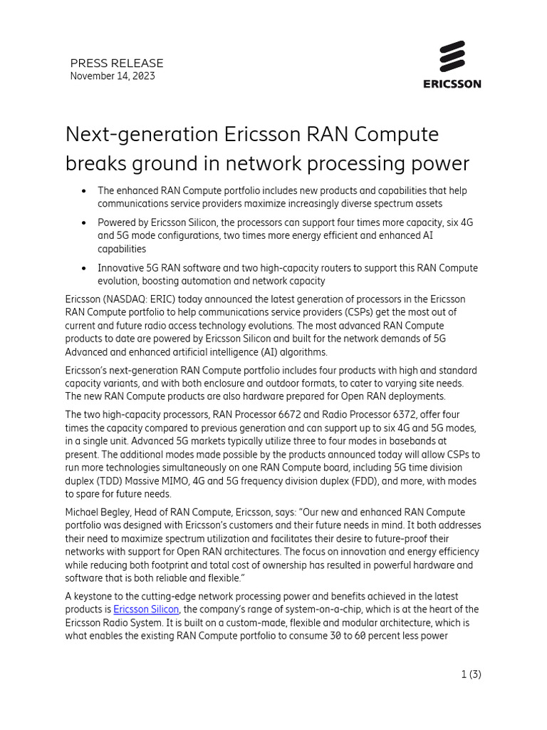 Ericsson Launches Next-Gen RAN Processors | PDF | Ericsson | Automation