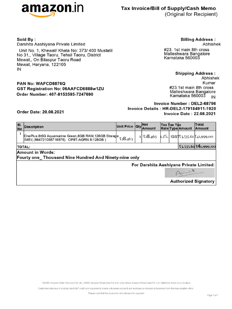Amazon Invoice for OnePlus 8T Purchase | PDF | Accounting | Business ...