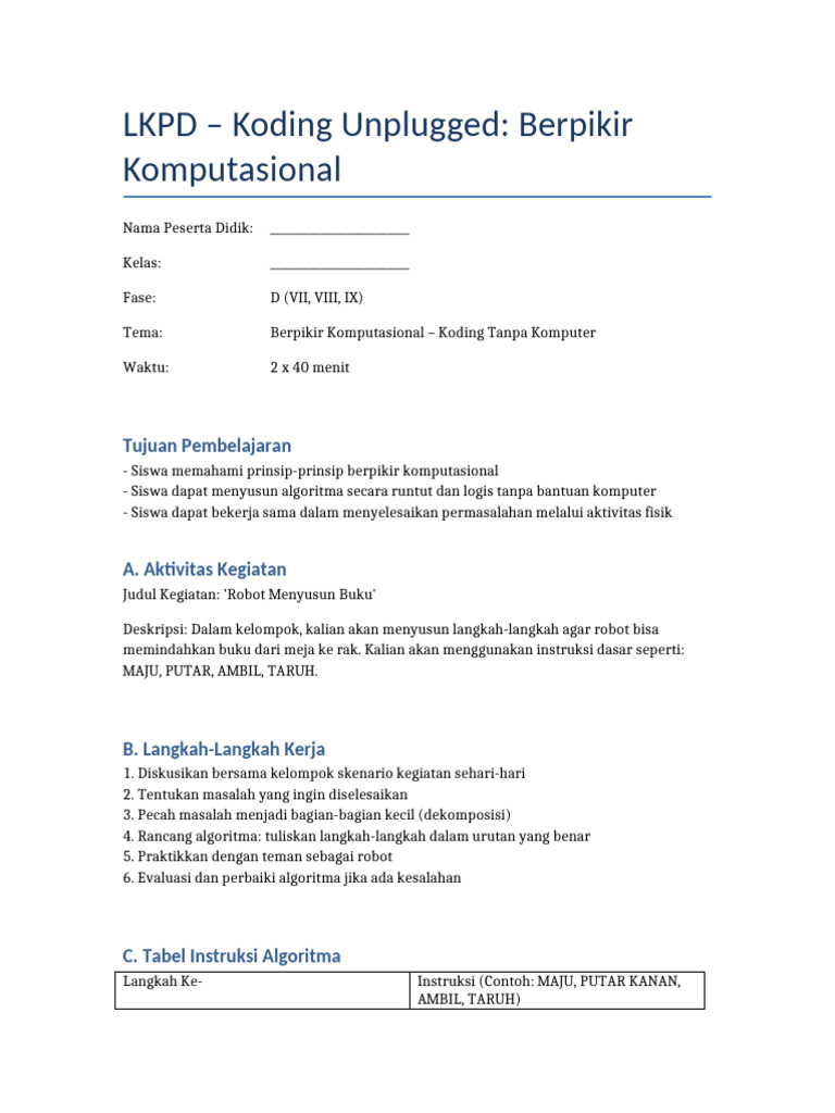 LKPD Koding Unplugged Kelas 5 SD | PDF