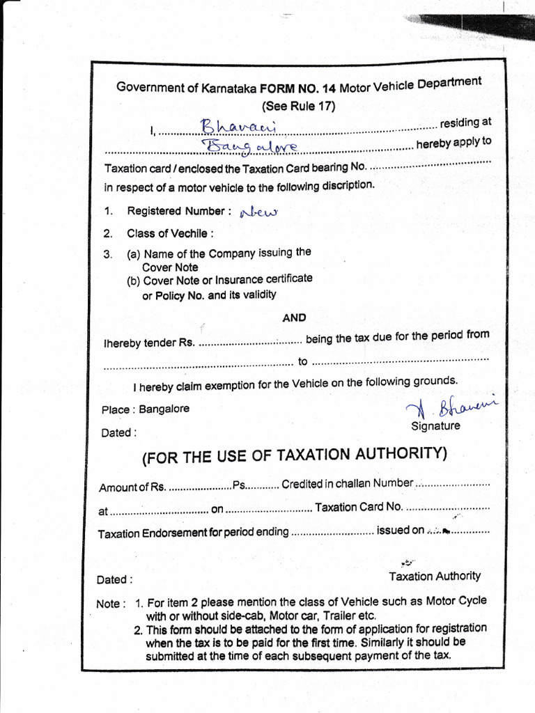 Karnataka RTO Form 14 Tax Application | PDF