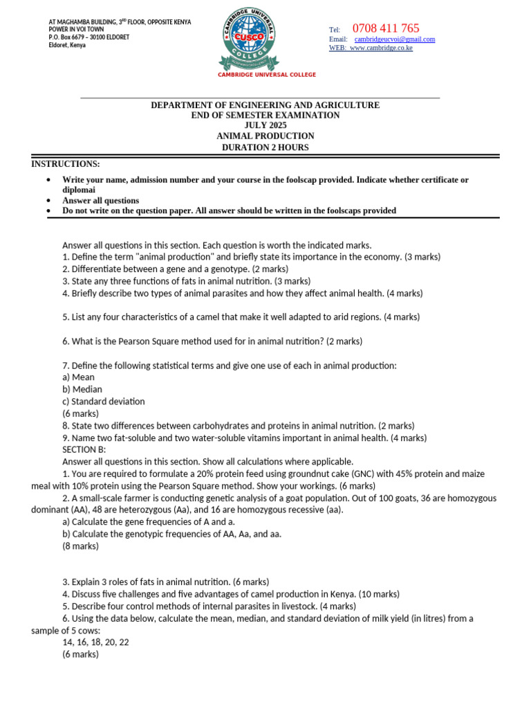 Animal Production Exam Questions 2025 | PDF | Zygosity | Genotype