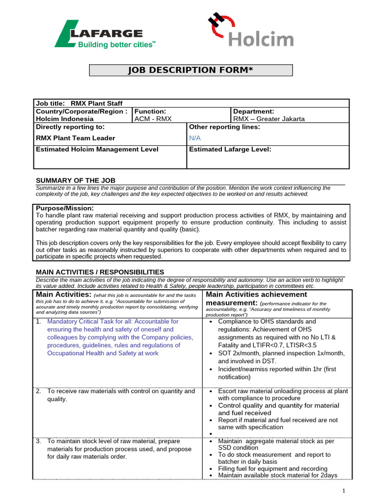 LafargeHolcim - Job Description - Plant Staff | PDF | Safety ...