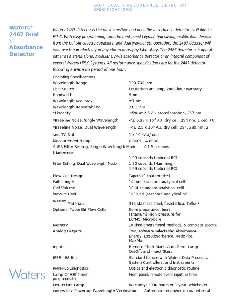 Waters 2487 Detector Specifications | PDF | Ultraviolet–Visible ...