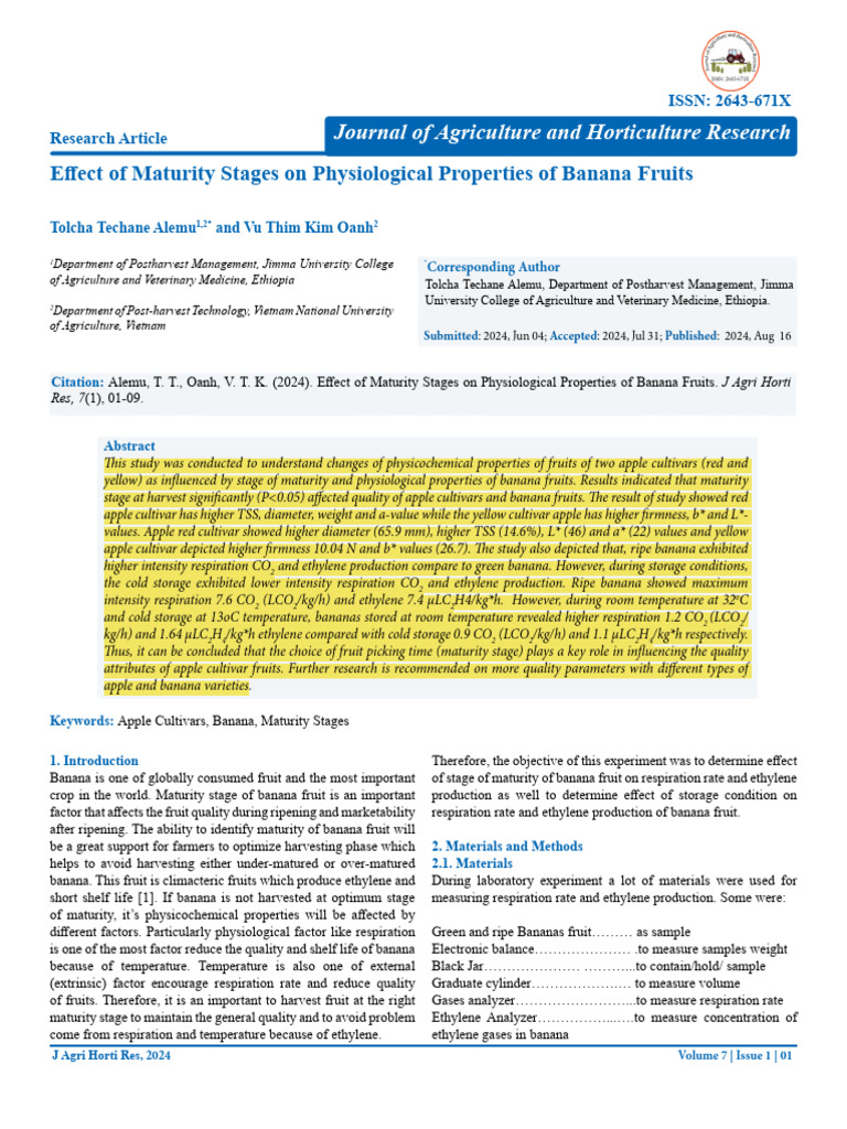 Effect of Maturity Stages On Physiological Properties of Banana Fruits ...