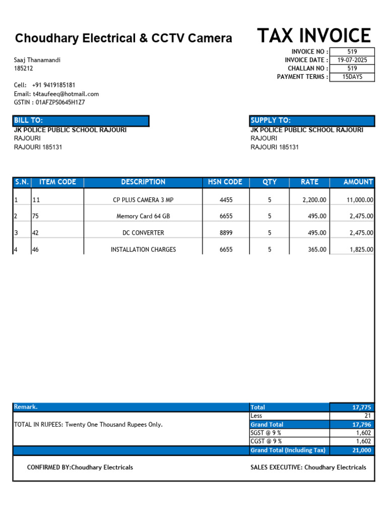 CCTV Camera Tax Invoice Format | PDF