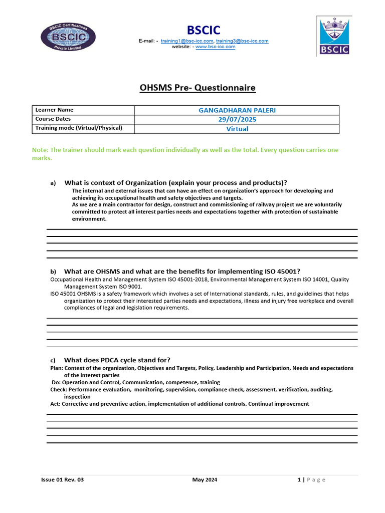 Pre-Questionnaire - Ohsms I01 r03 052024 | PDF | Occupational Safety ...