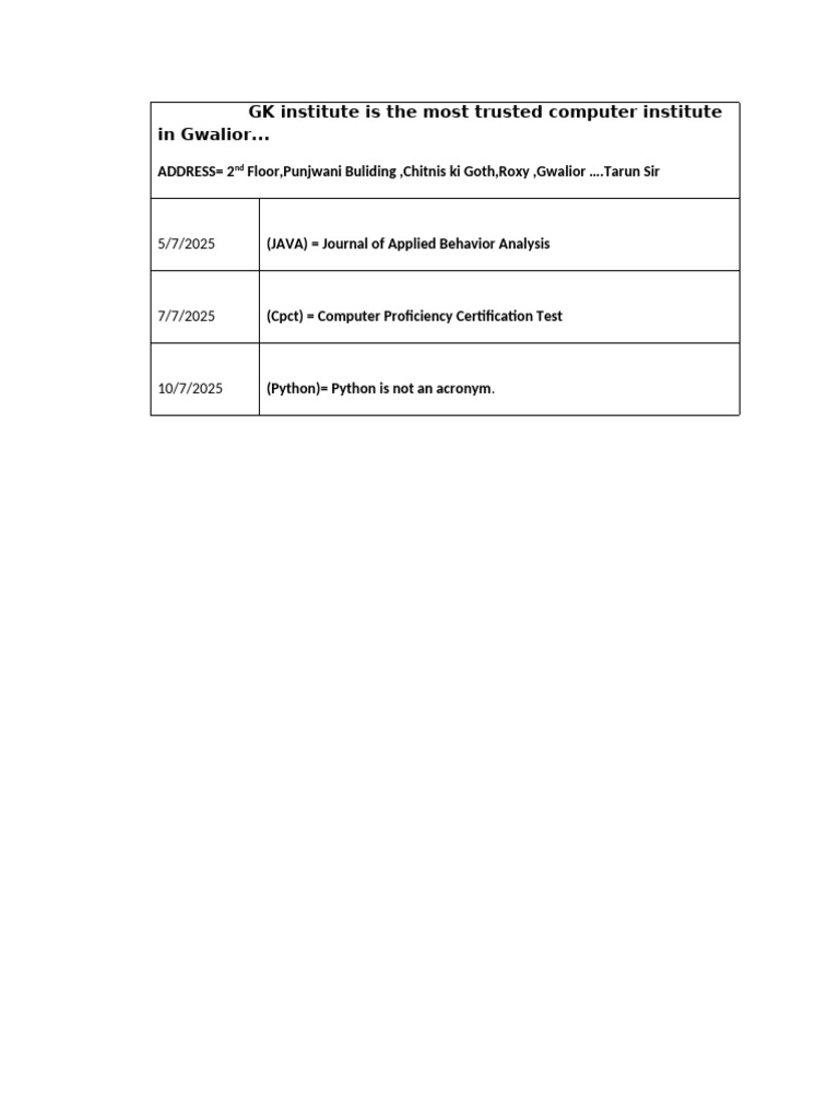 Buy .. Tarun Sir Computer Class Time Table | PDF