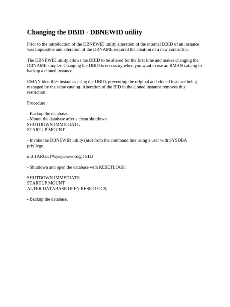 Changing The DBID - DBNEWID Utility | PDF