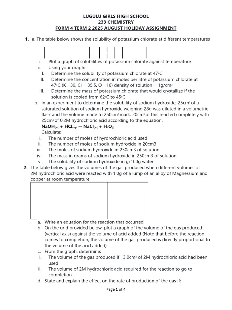 Chemistry Holiday Assignment 2025 | PDF | Sodium Hydroxide | Solubility