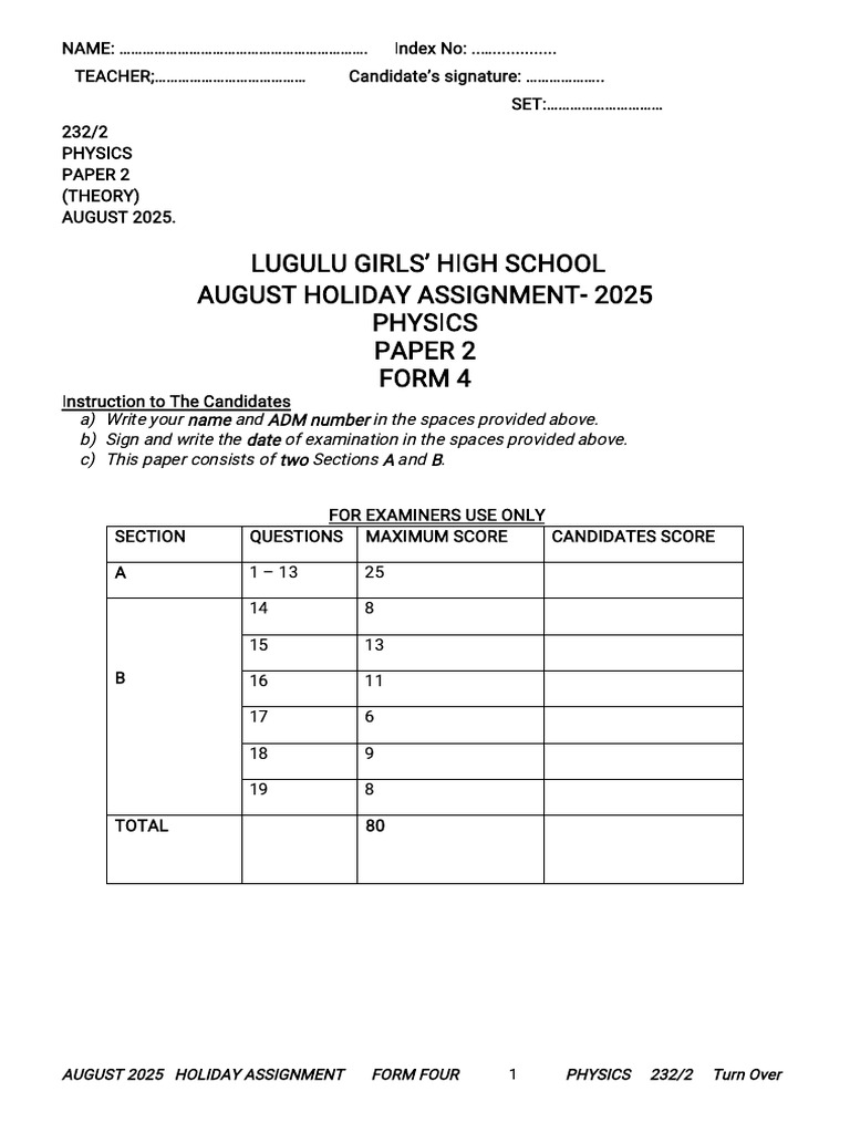 August 2025 Form Four Physics Assignment | PDF | Photoelectric Effect ...