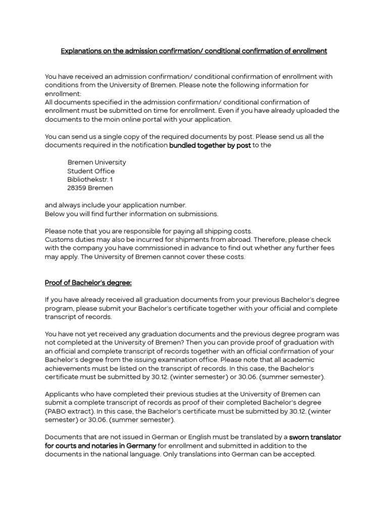 Bremen University Conditional Admission Guide | PDF