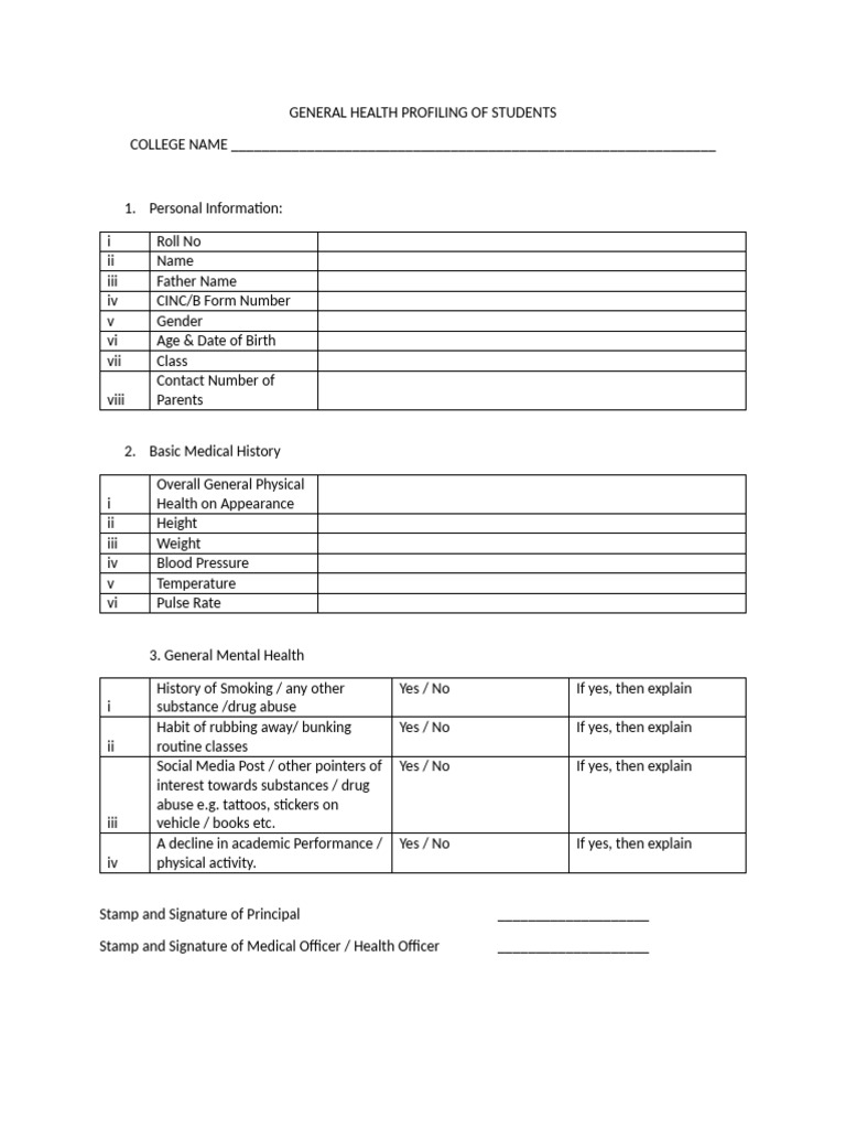 Student Health Profiling Form | PDF