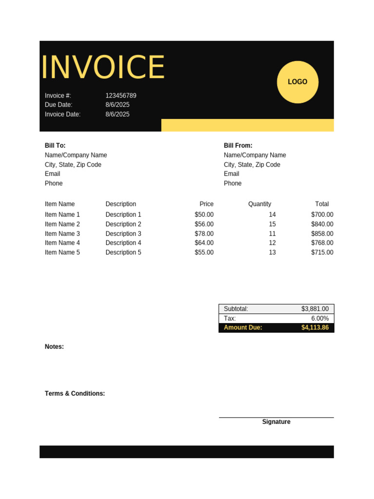 Modern Basic Black Yellow Standard Invoice | PDF