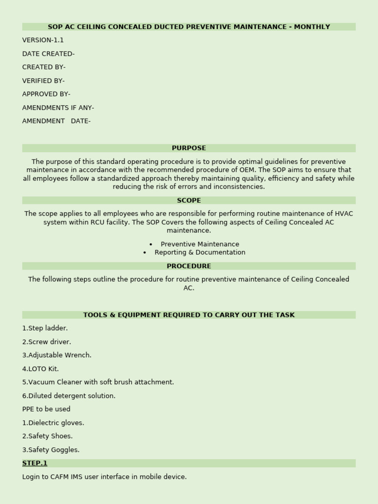 Sop Ceiling Concealed Ac Monthly PPM - Draft | PDF | Personal ...