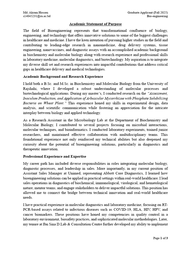 Academic Statement of Purpose | PDF | Nanomedicine | Bioinformatics