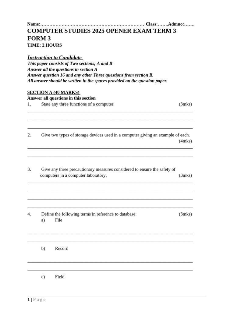 Computer Studies f3t3 2025 - Qs | PDF | Bit | Spreadsheet