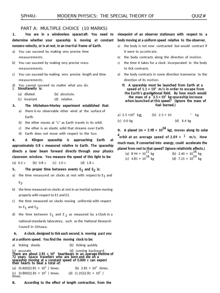 Special Relativity Quiz and Problems | PDF | Special Relativity | Mass